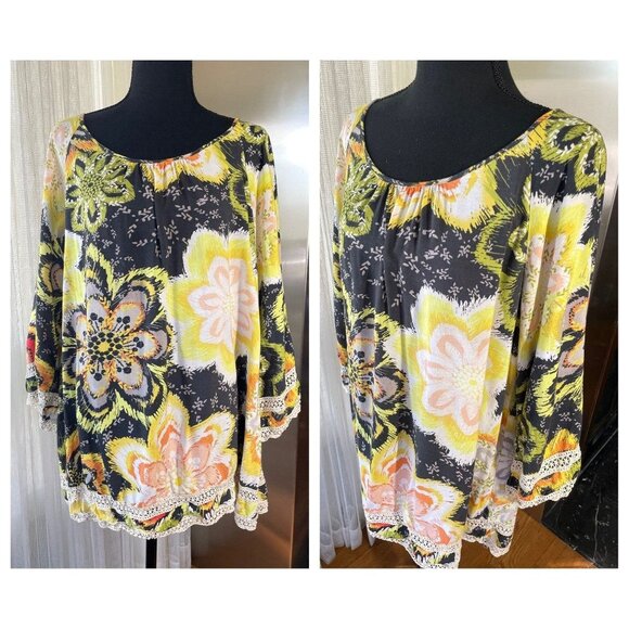 Vintage 80s oversized blouse, black, yellow, lime green flowers, bell sleeves - Picture 9 of 9